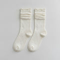 Ruched Crew Socks with Textured Knit Detail - Cream Ruffle