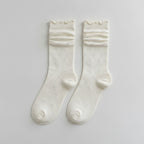 Ruched Crew Socks with Textured Knit Detail - Cream Ruffle