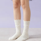 Ruched Crew Socks with Textured Knit Detail - Cream Ruffle