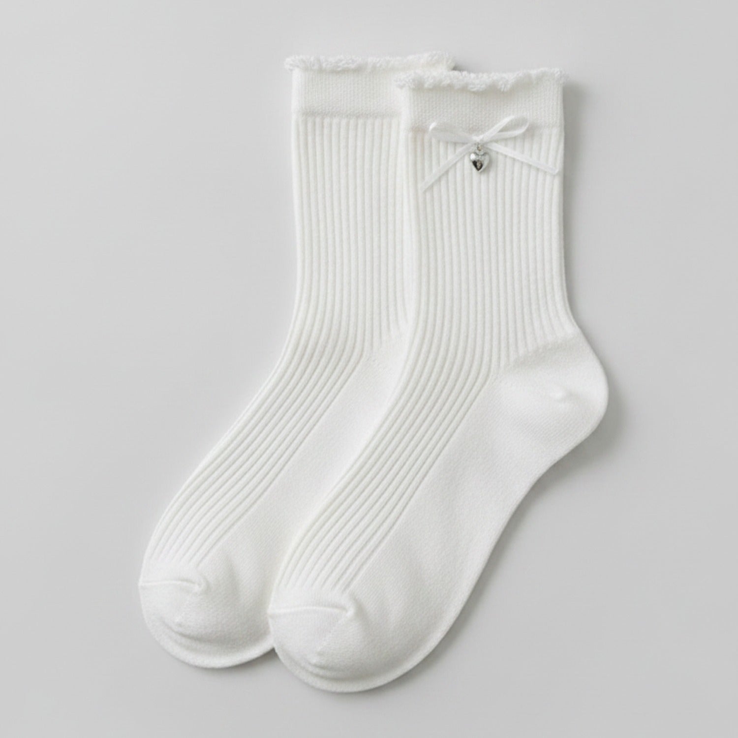 White Ribbed Heart Crew Socks