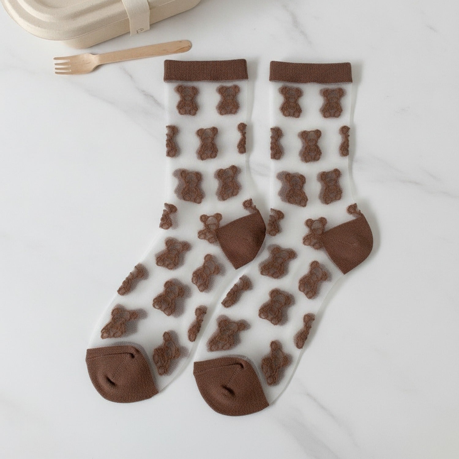 Sheer Teddy Bear Crew Socks - Coffee