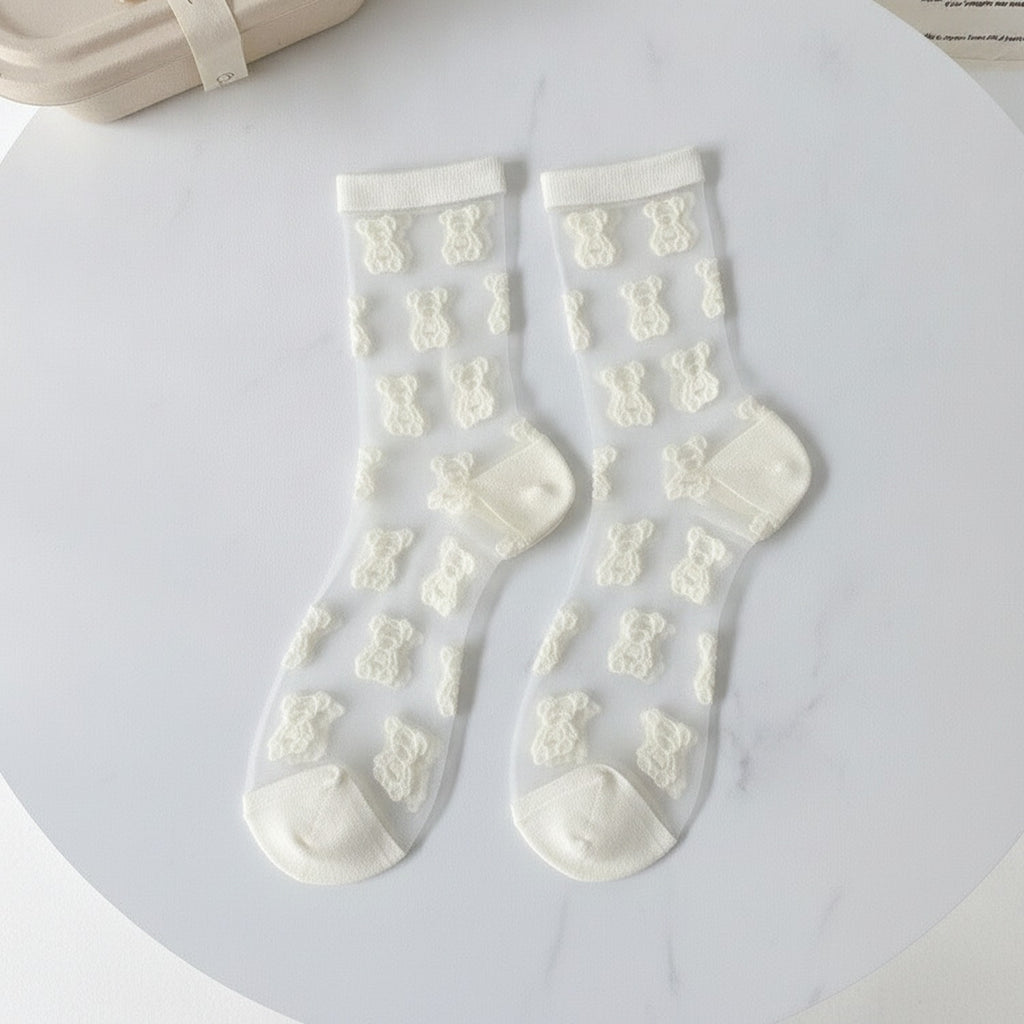 Sheer Teddy Bear Crew Socks - White