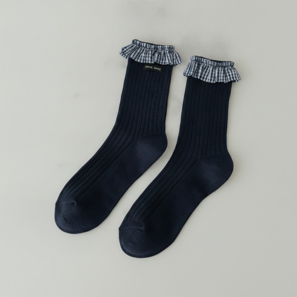 Navy Ribbed Ruffle Crew Socks