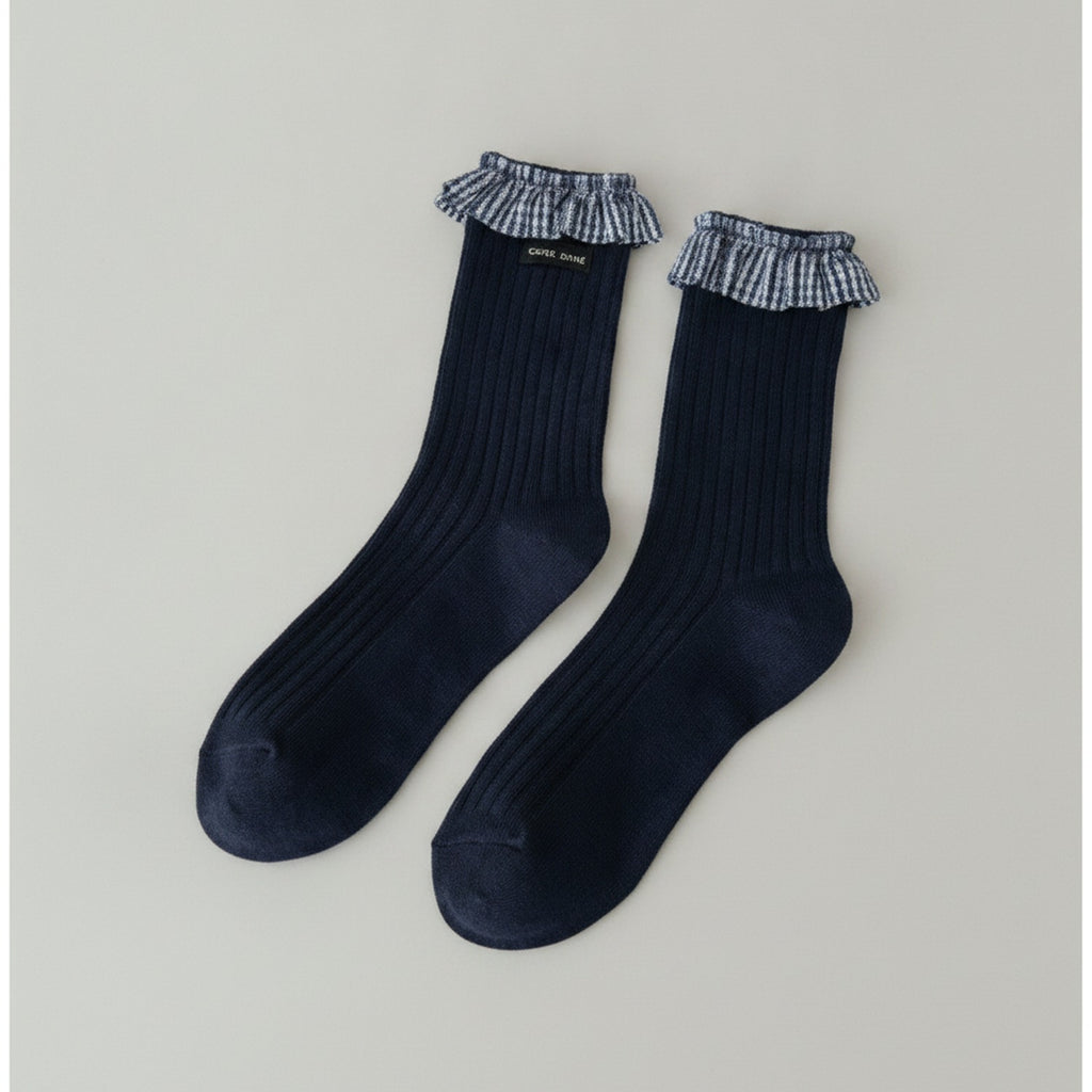 Navy Ribbed Ruffle Crew Socks – apparel accessories (view 1)