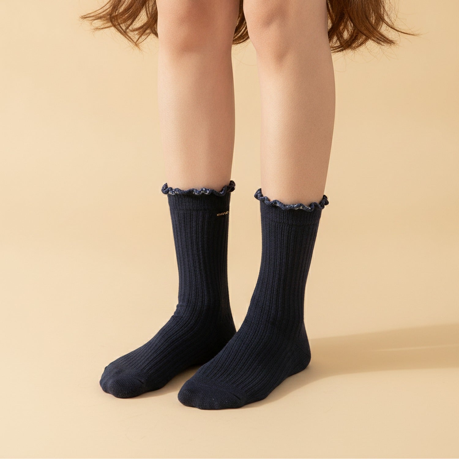 Navy Ribbed Ruffle Crew Socks