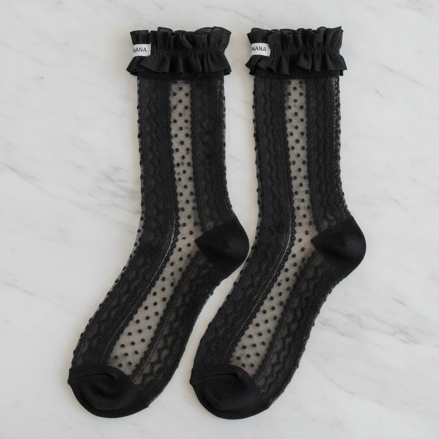 Black Sheer Dotted Ruffle Ankle Socks - Black