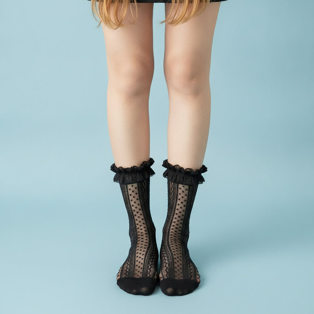 Sheer Dotted Ruffle Ankle Socks - Black
