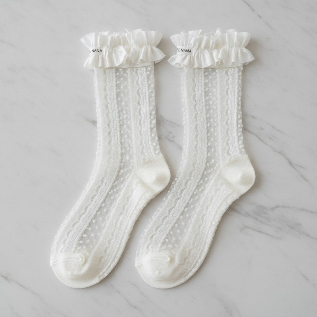 Sheer Dotted Ruffle Ankle Socks - White