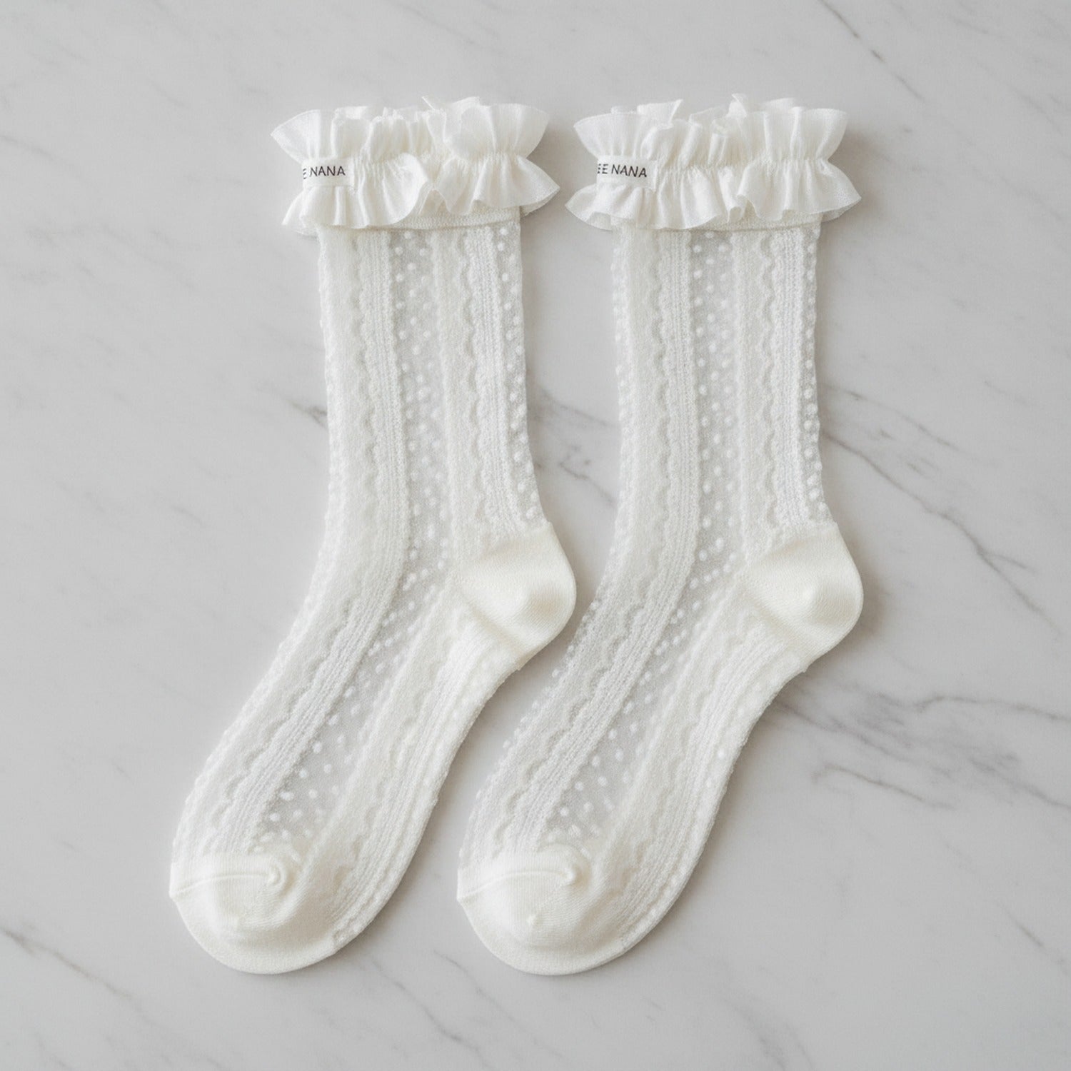 Black Sheer Dotted Ruffle Ankle Socks - White