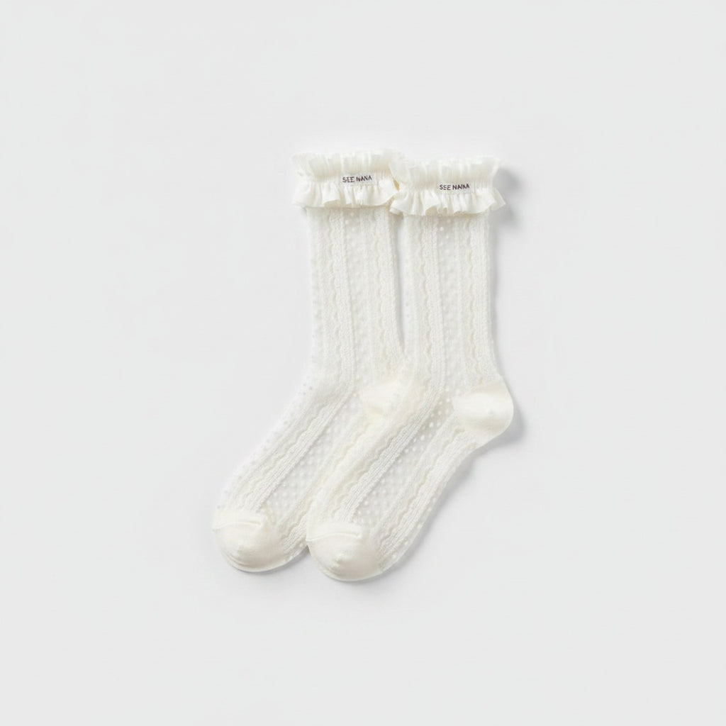 Sheer Dotted Ruffle Ankle Socks - White