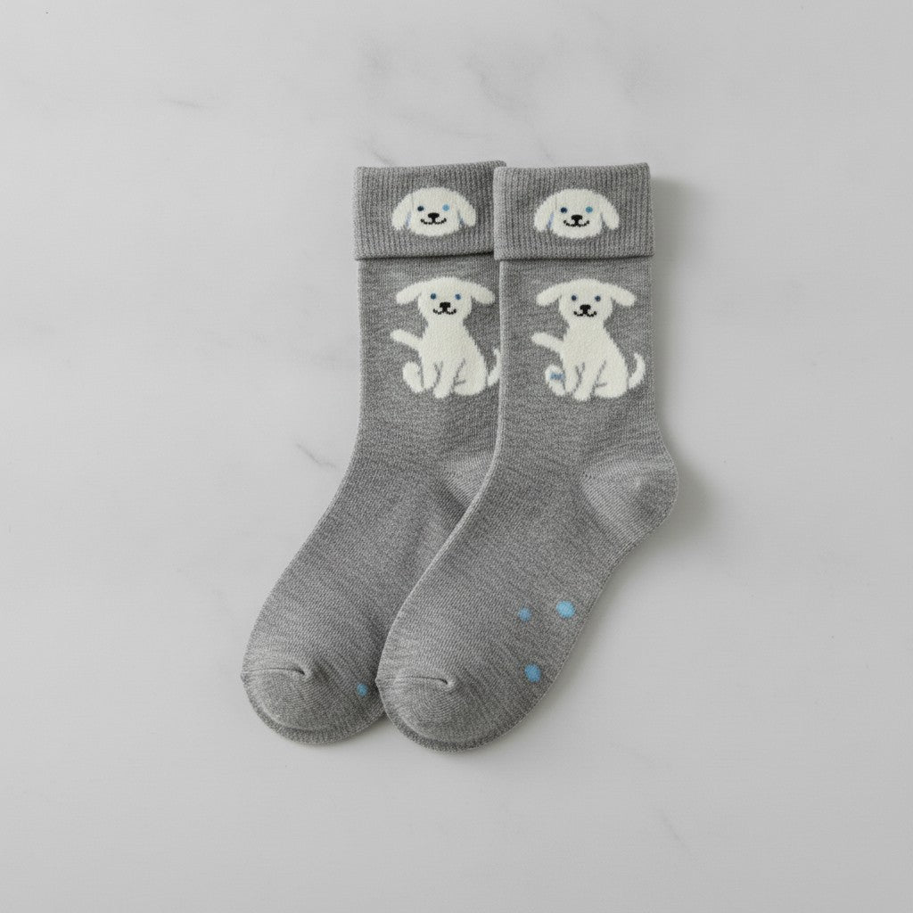 Gray Puppy Print Crew Socks