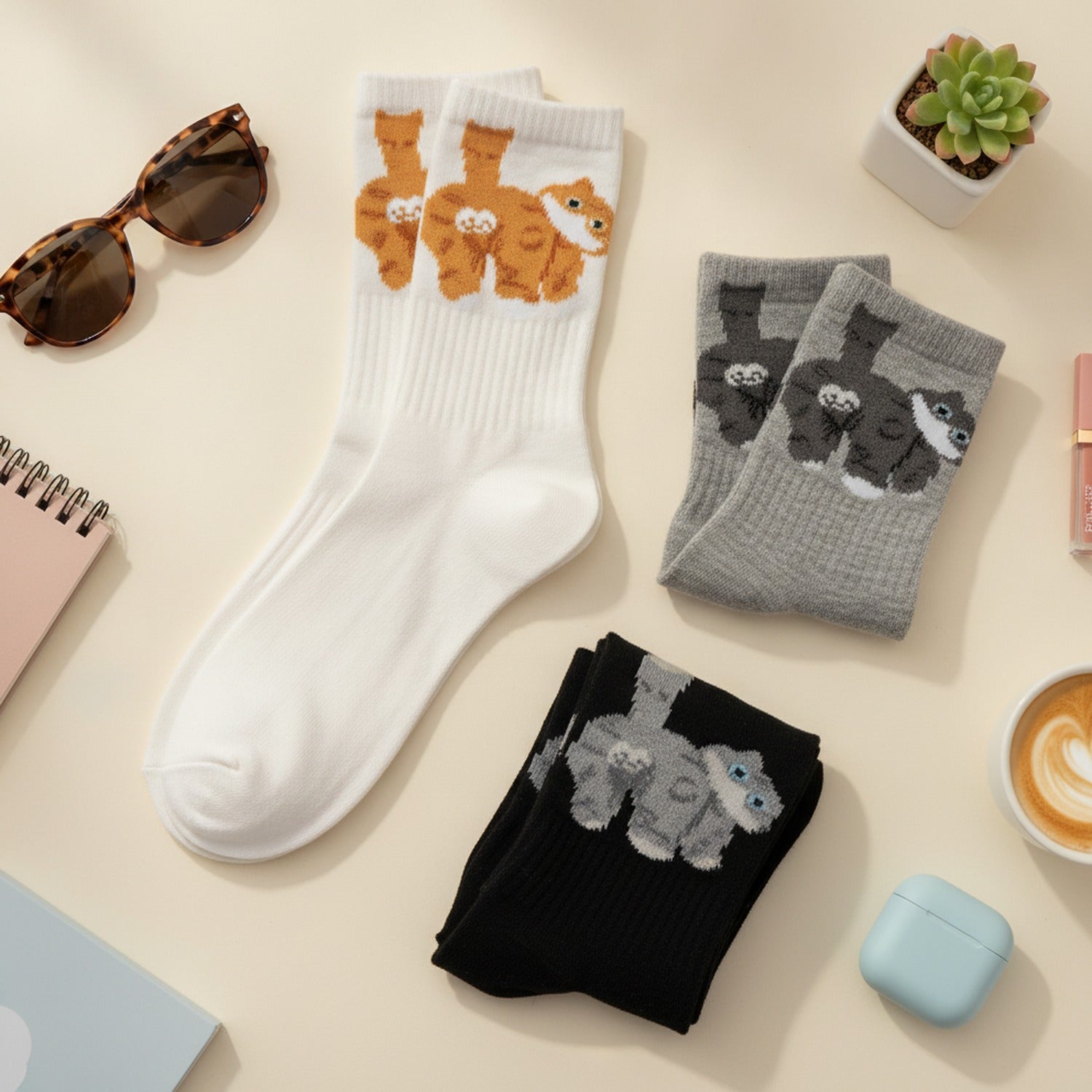 White Cat Butt Ankle Socks