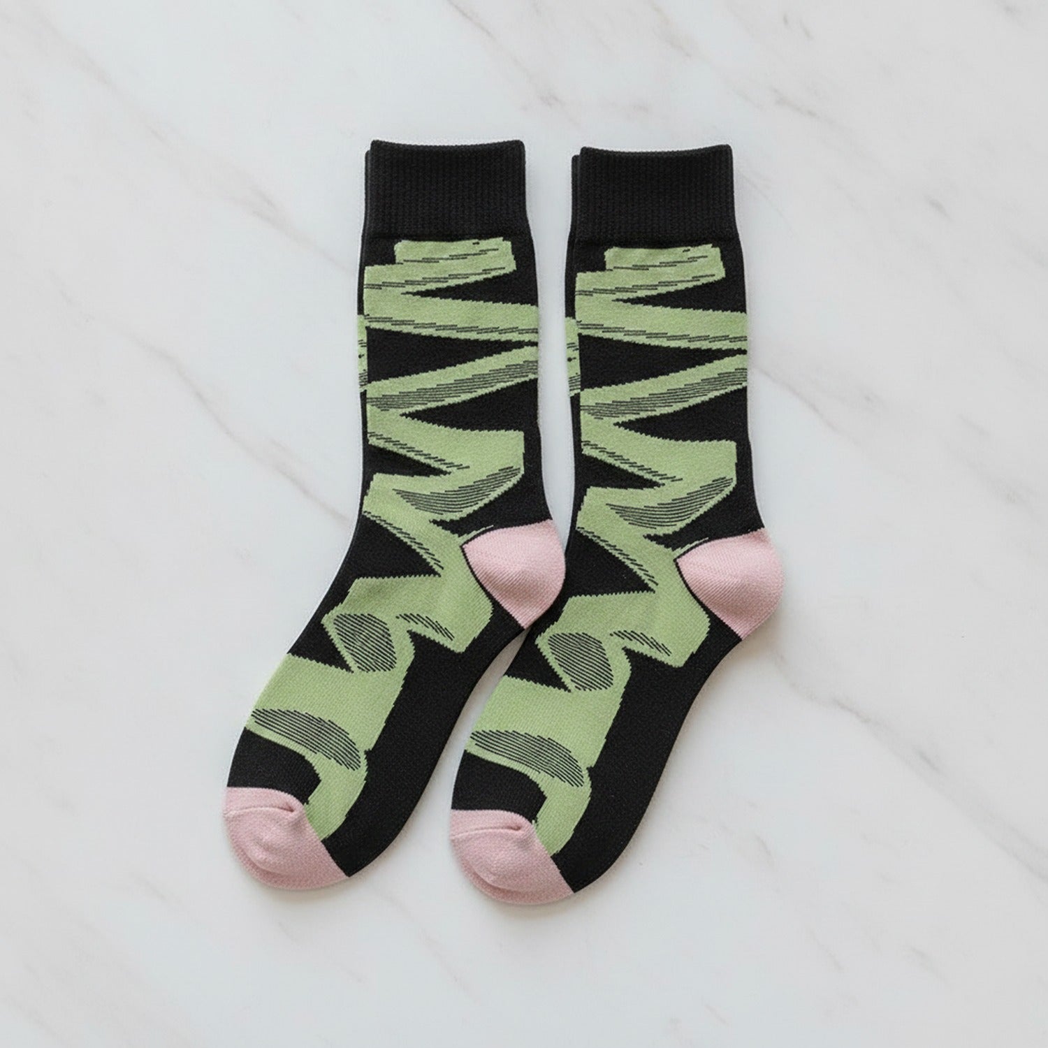 Wavy Crew Socks - Black Base Green Stripe