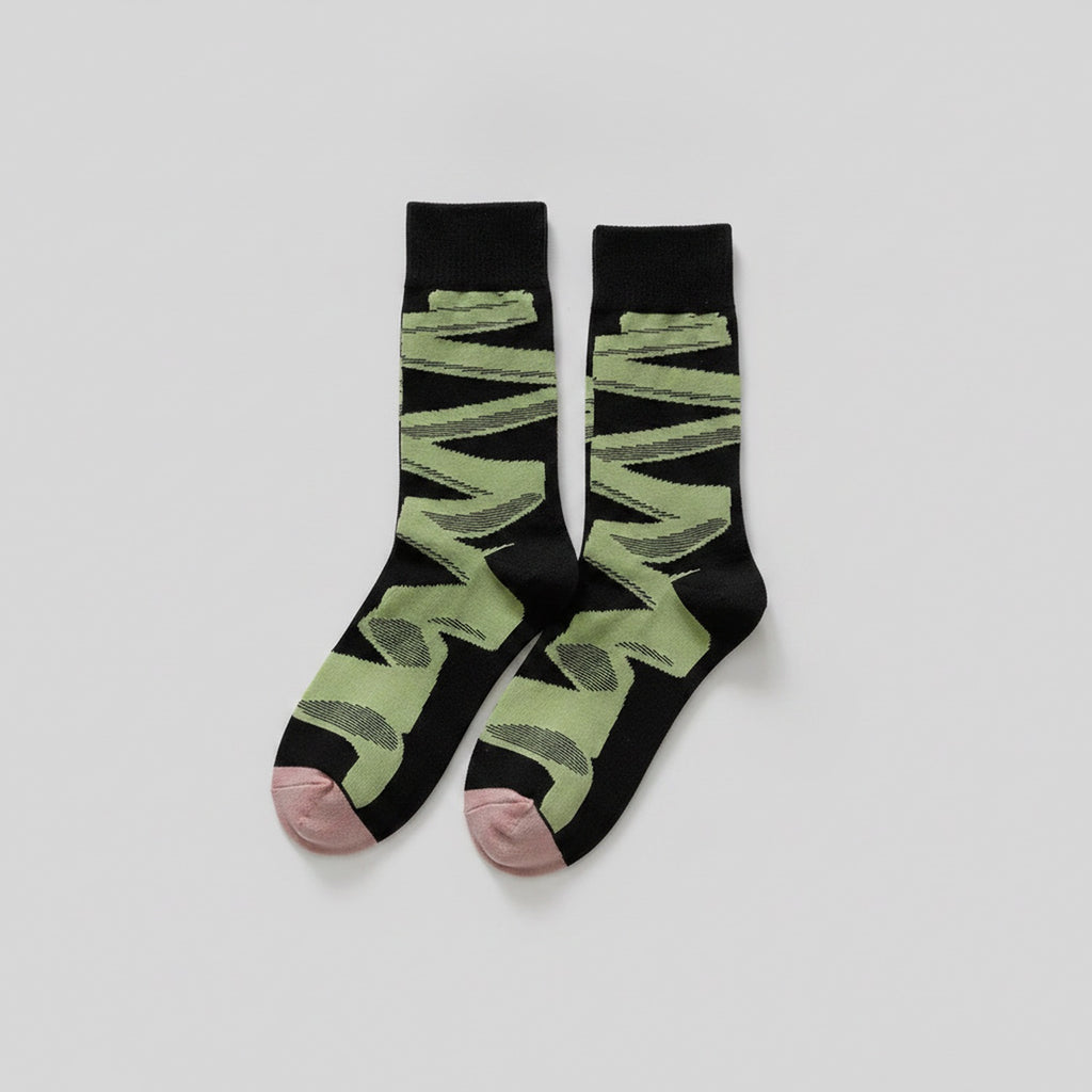 Wavy Crew Socks - Black Base Green Stripe