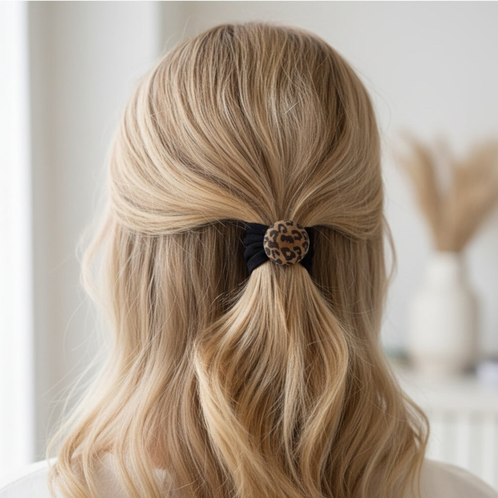 Black Velvet Hair Bow Scrunchie With Leopard Circle Charm