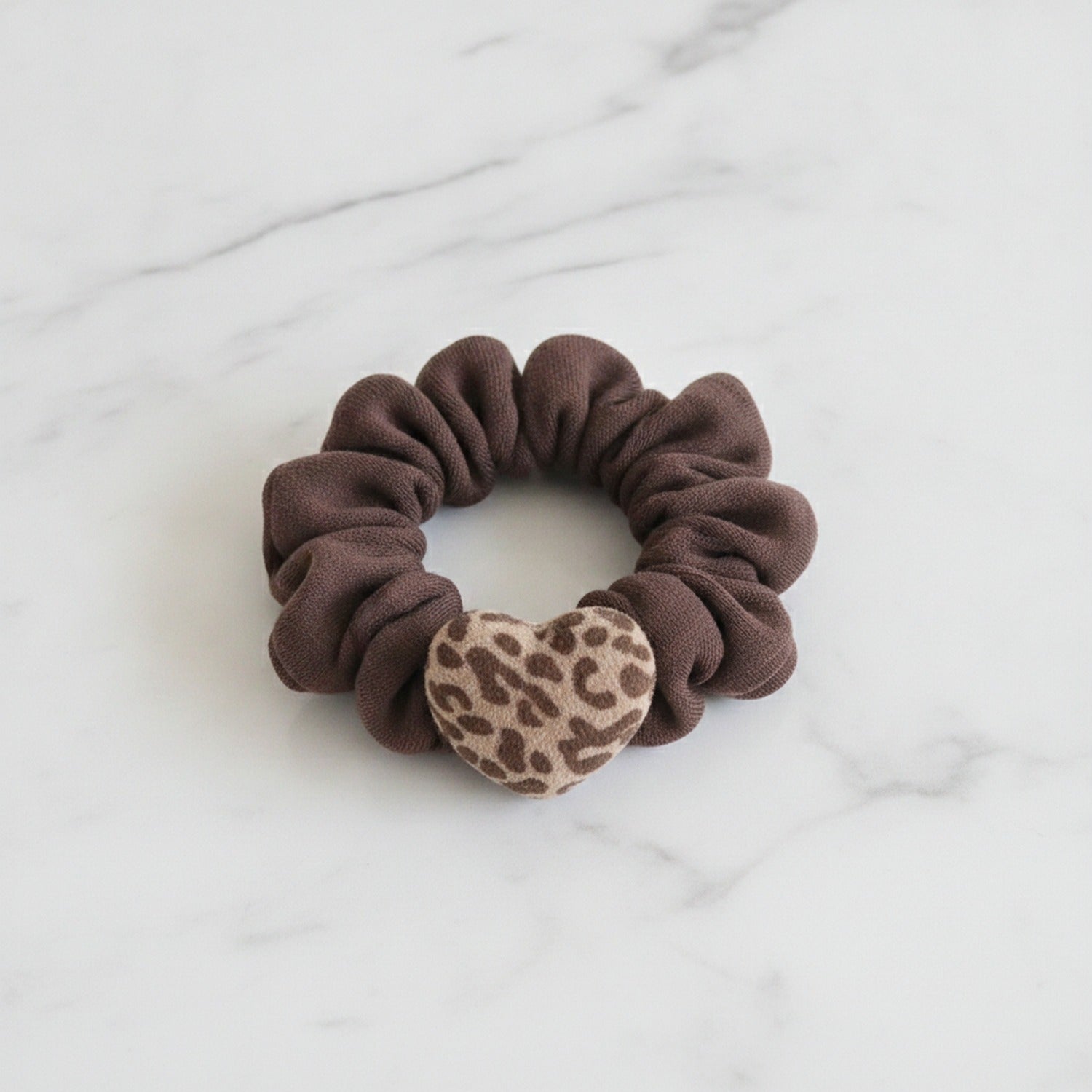 Leopard Heart Charm Brown Scrunchie