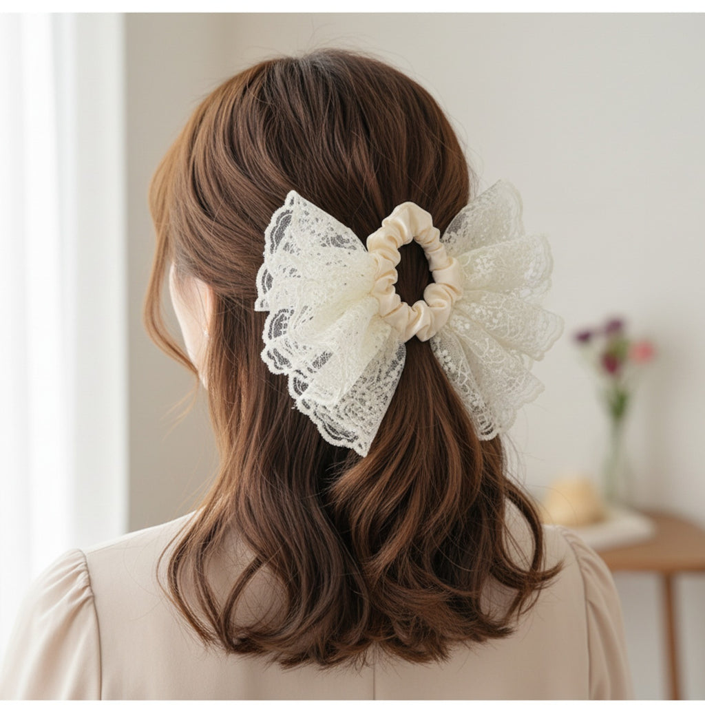 Lace Butterfly Hair Scrunchie with Champagne Ribbon