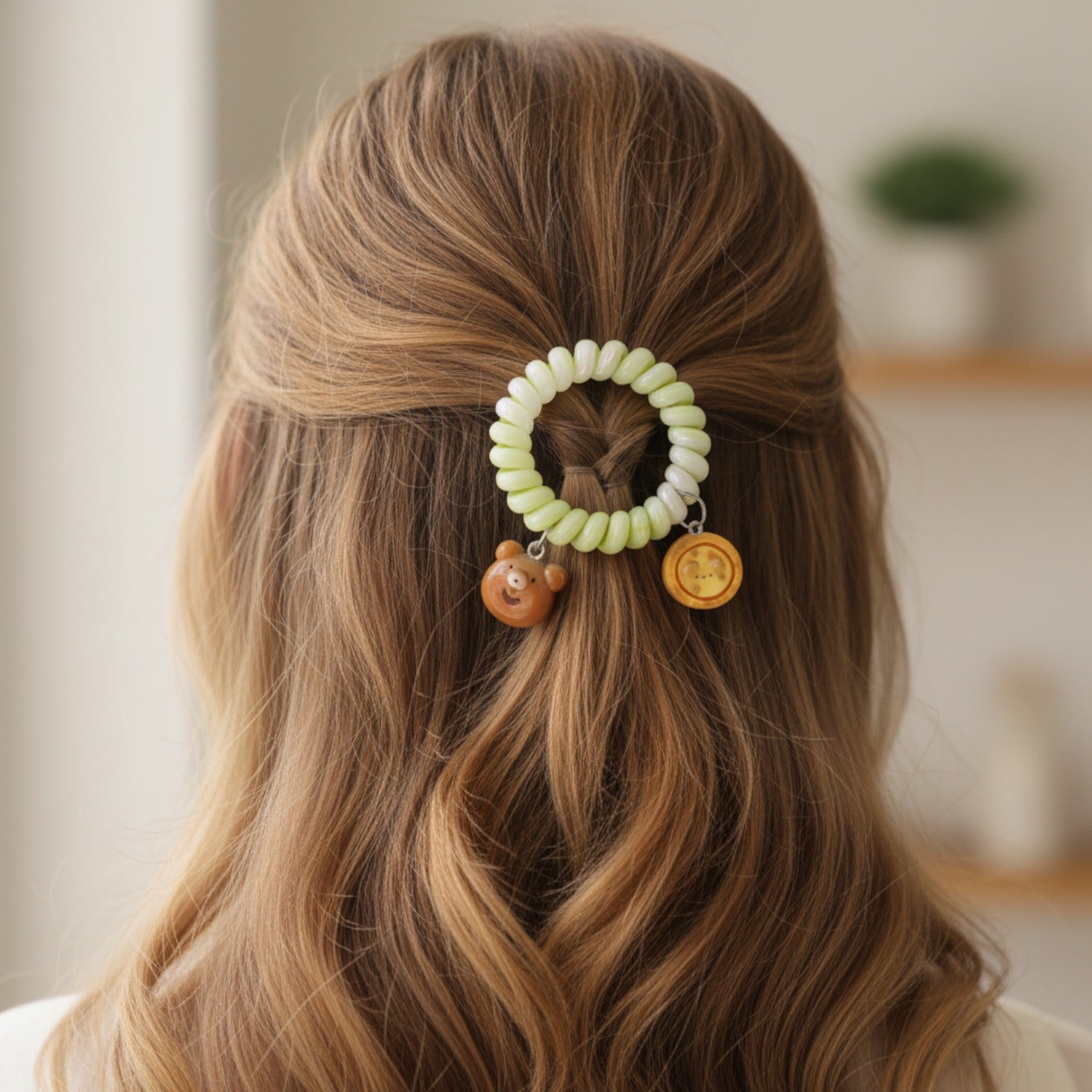 Pastel Yellow Spiral Hair Tie With Bear Charm