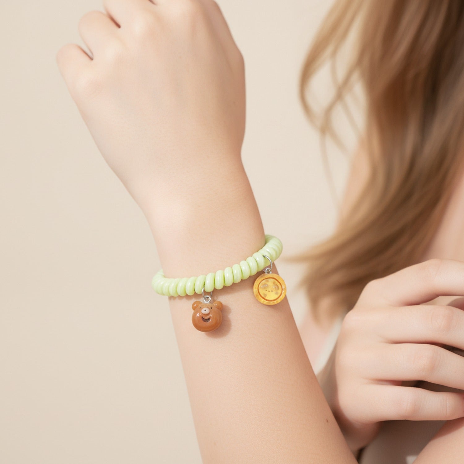 Pastel Yellow Spiral Hair Tie With Bear Charm – hair accessories (view 4)