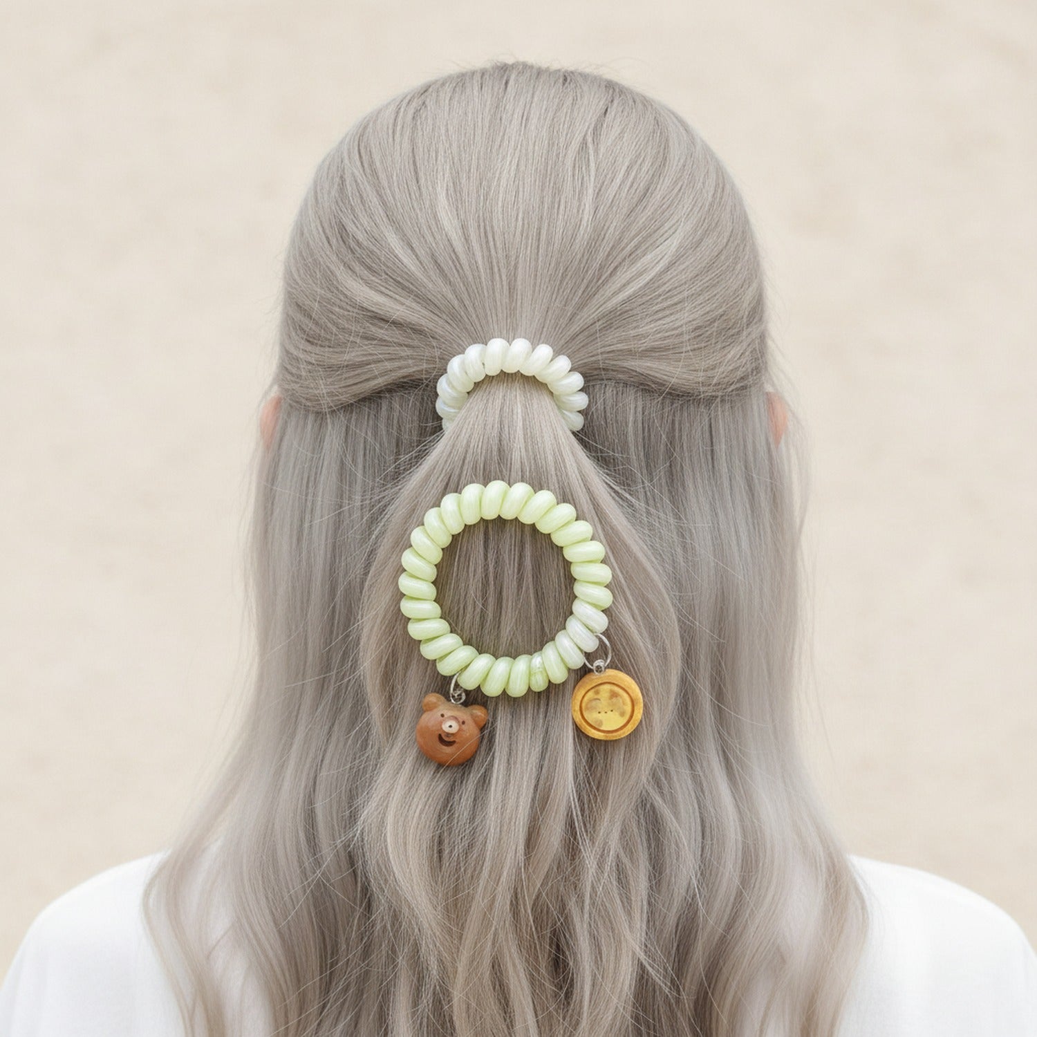 Pastel Yellow Spiral Hair Tie With Bear Charm