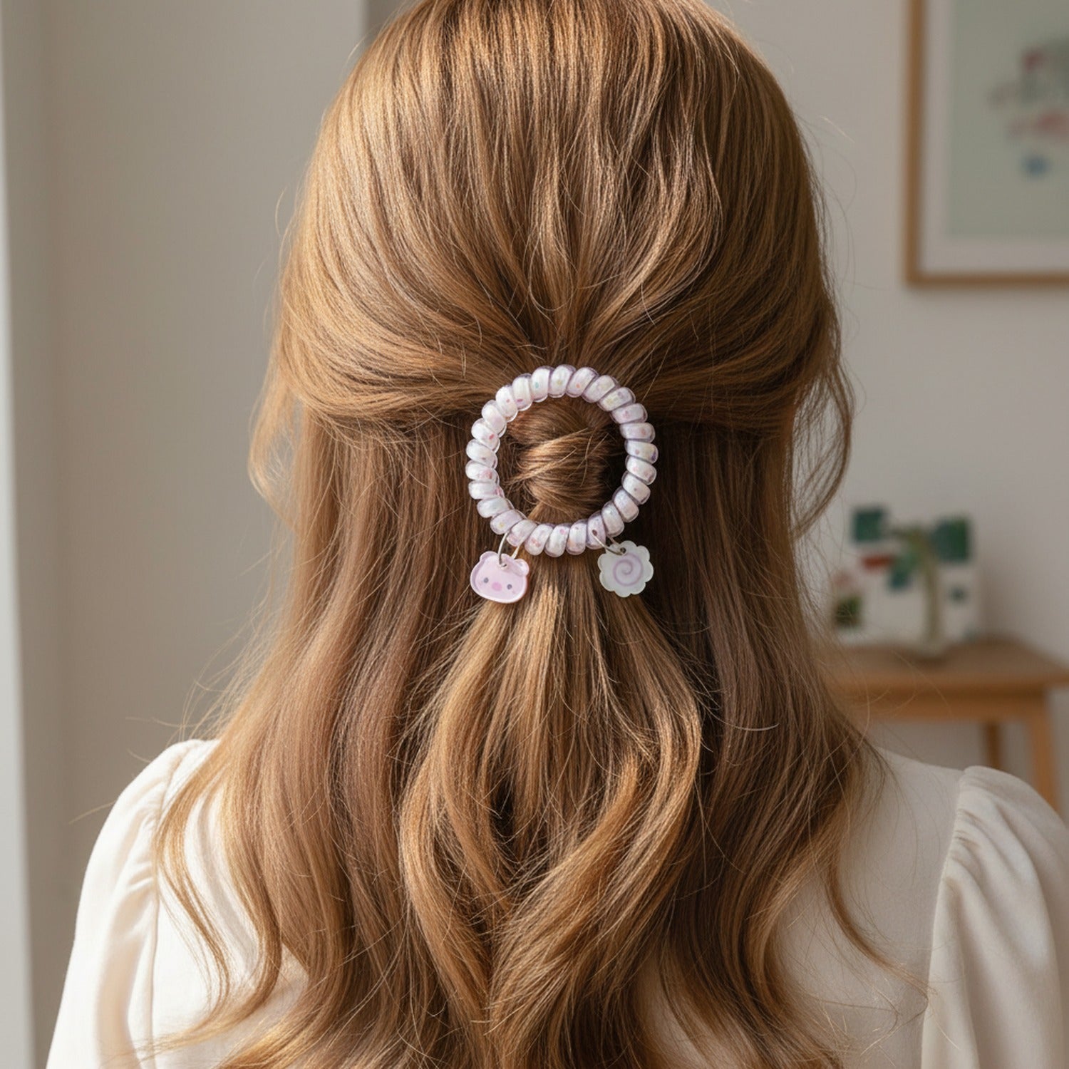 Pink Beaded Hair Tie With Cute Cat Charm