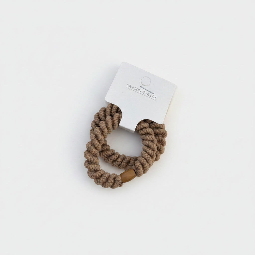 Beige Rope Scrunchie With Wood Bead Detail