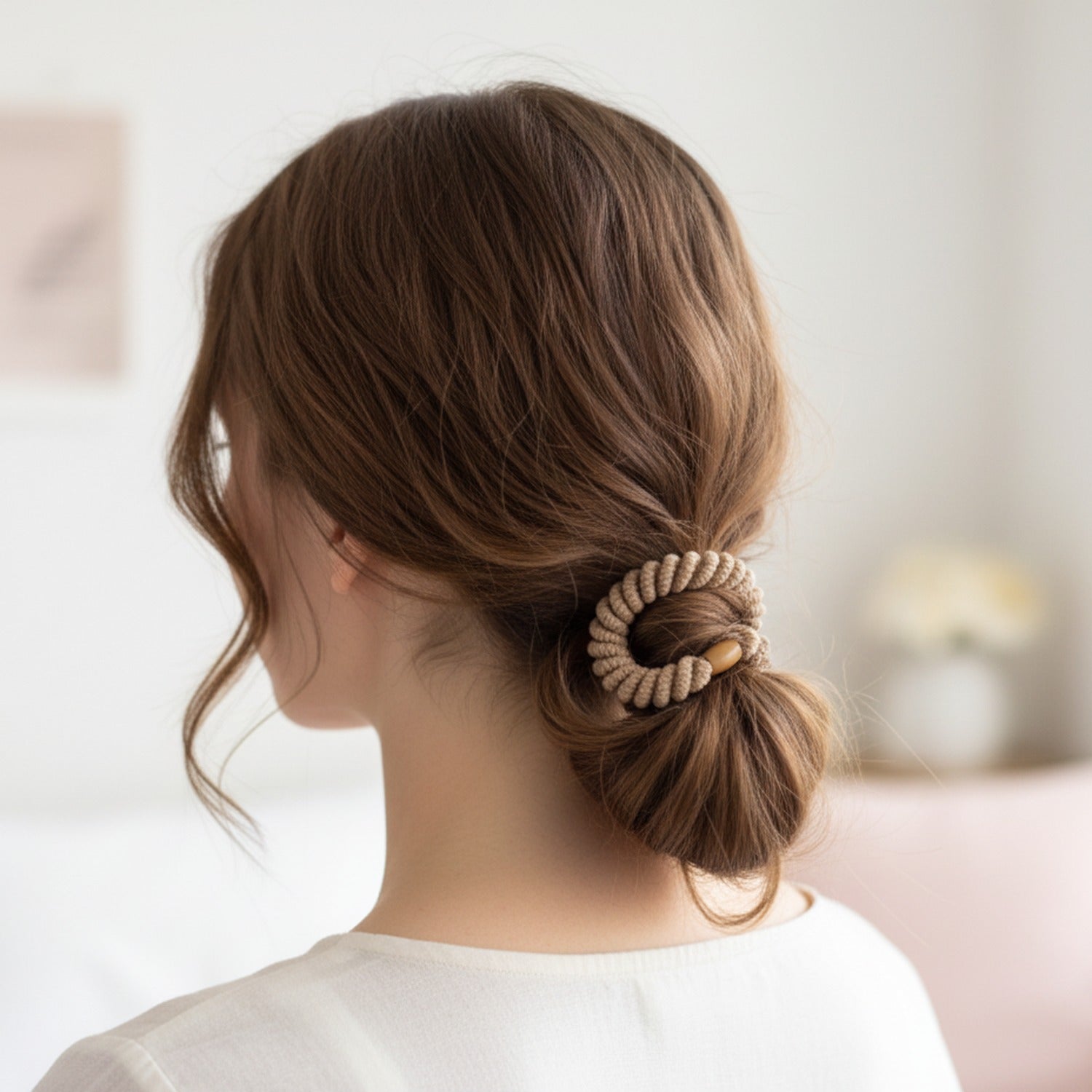 Beige Rope Scrunchie With Wood Bead Detail