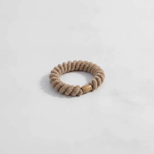 Beige Rope Scrunchie With Wood Bead Detail
