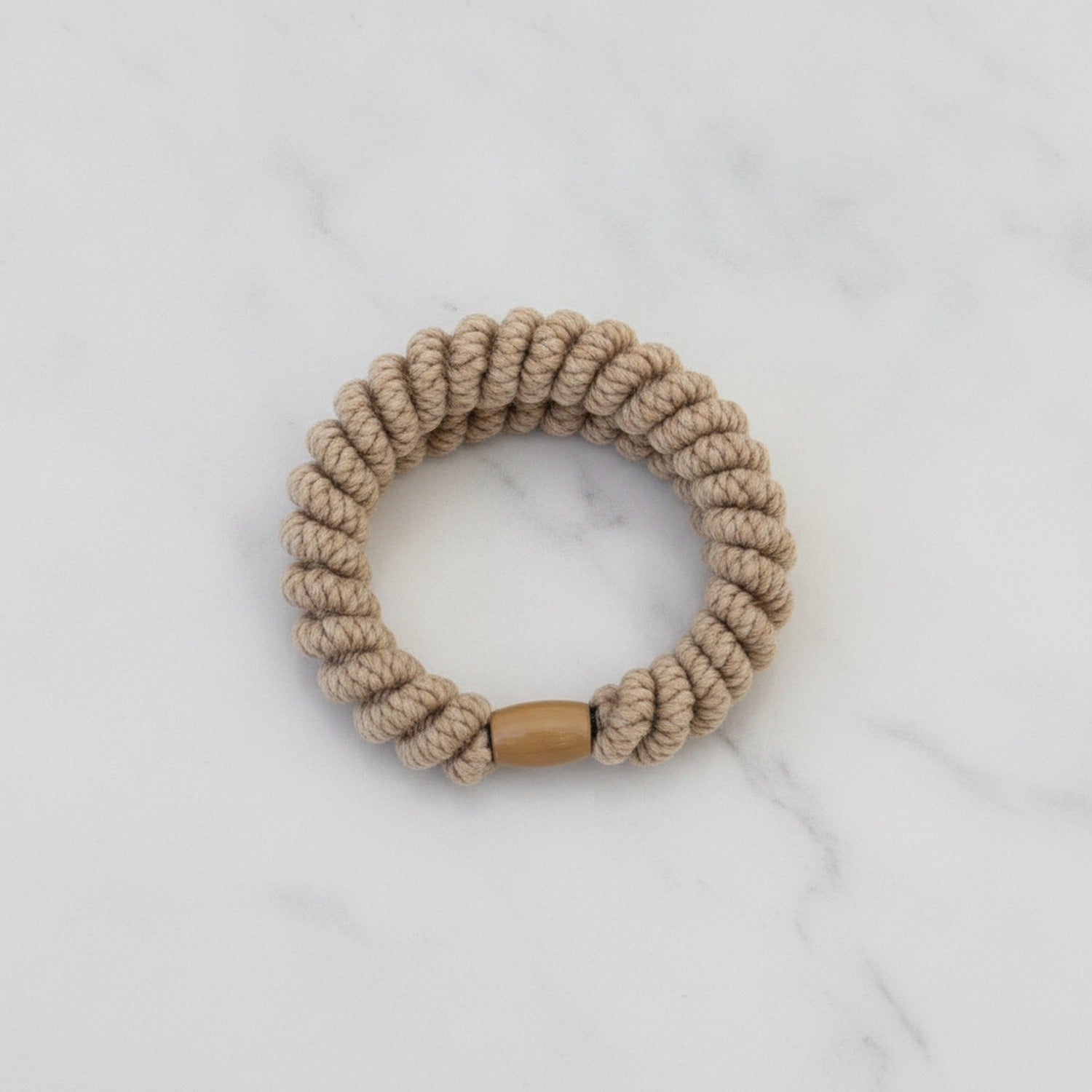 Beige Rope Scrunchie With Wood Bead Detail