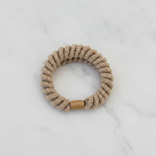 Beige Rope Scrunchie With Wood Bead Detail