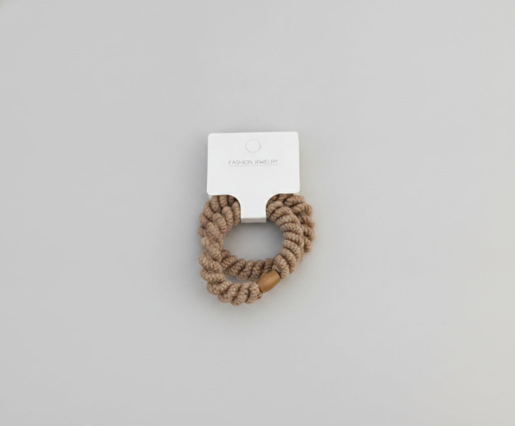 Beige Rope Scrunchie With Wood Bead Detail – hair accessories (view 1)