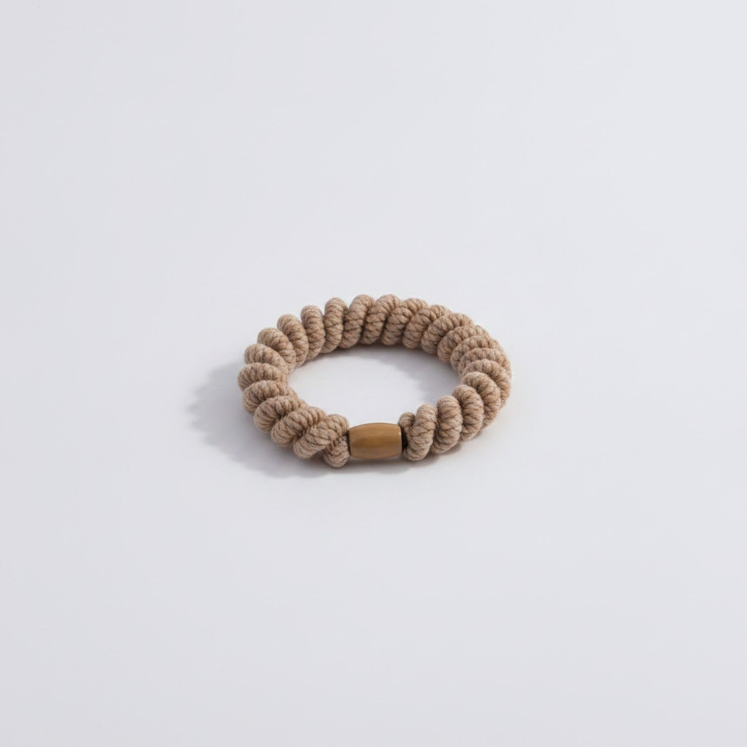 Beige Rope Scrunchie With Wood Bead Detail