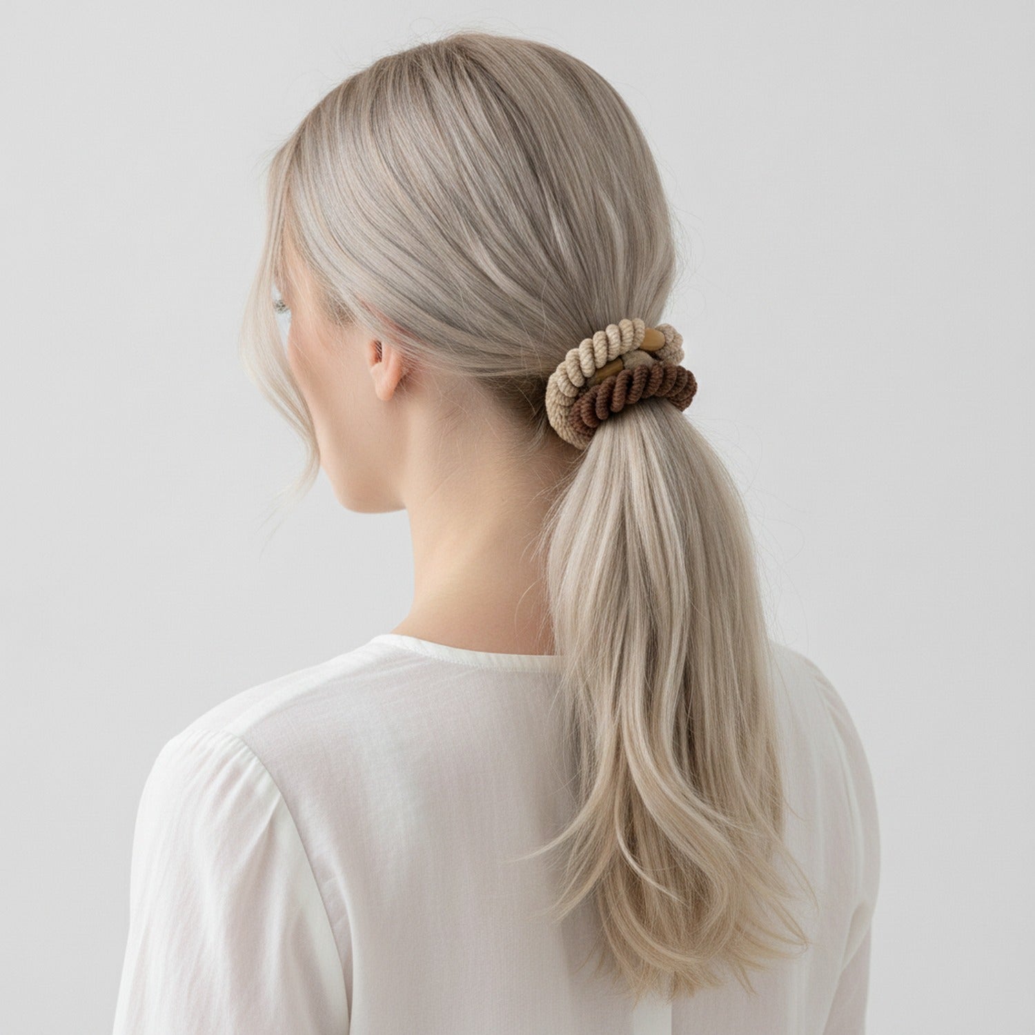 Beige Rope Scrunchie With Wood Bead Detail