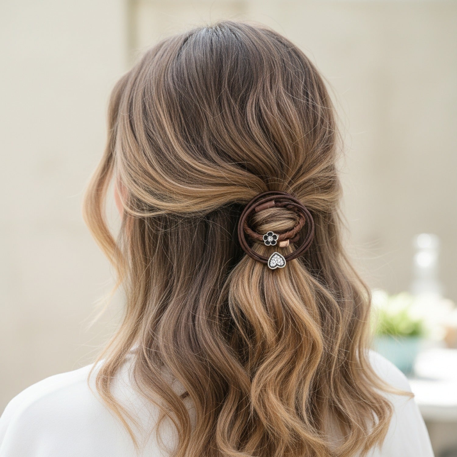 Brown Twisted Hair Tie Set With Heart Charms