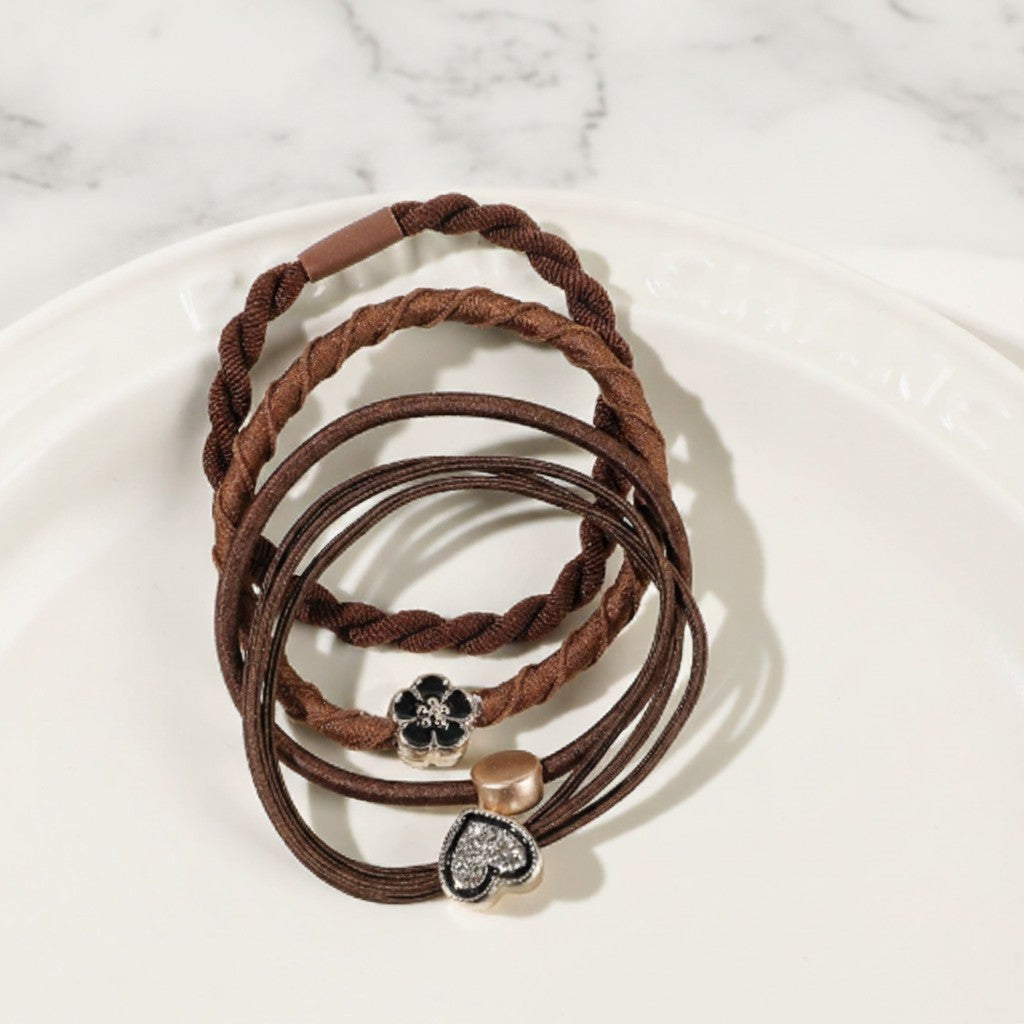 Brown Twisted Hair Tie Set With Heart Charms