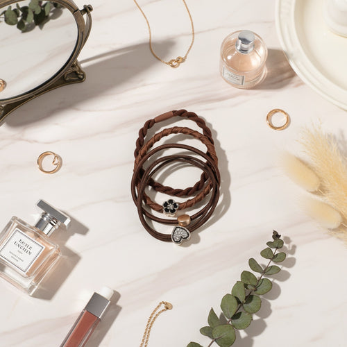 Brown Twisted Hair Tie Set With Heart Charms – hair accessories (view 2)