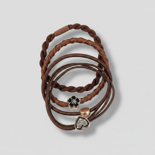 Brown Twisted Hair Tie Set With Heart Charms – hair accessories (view 1)