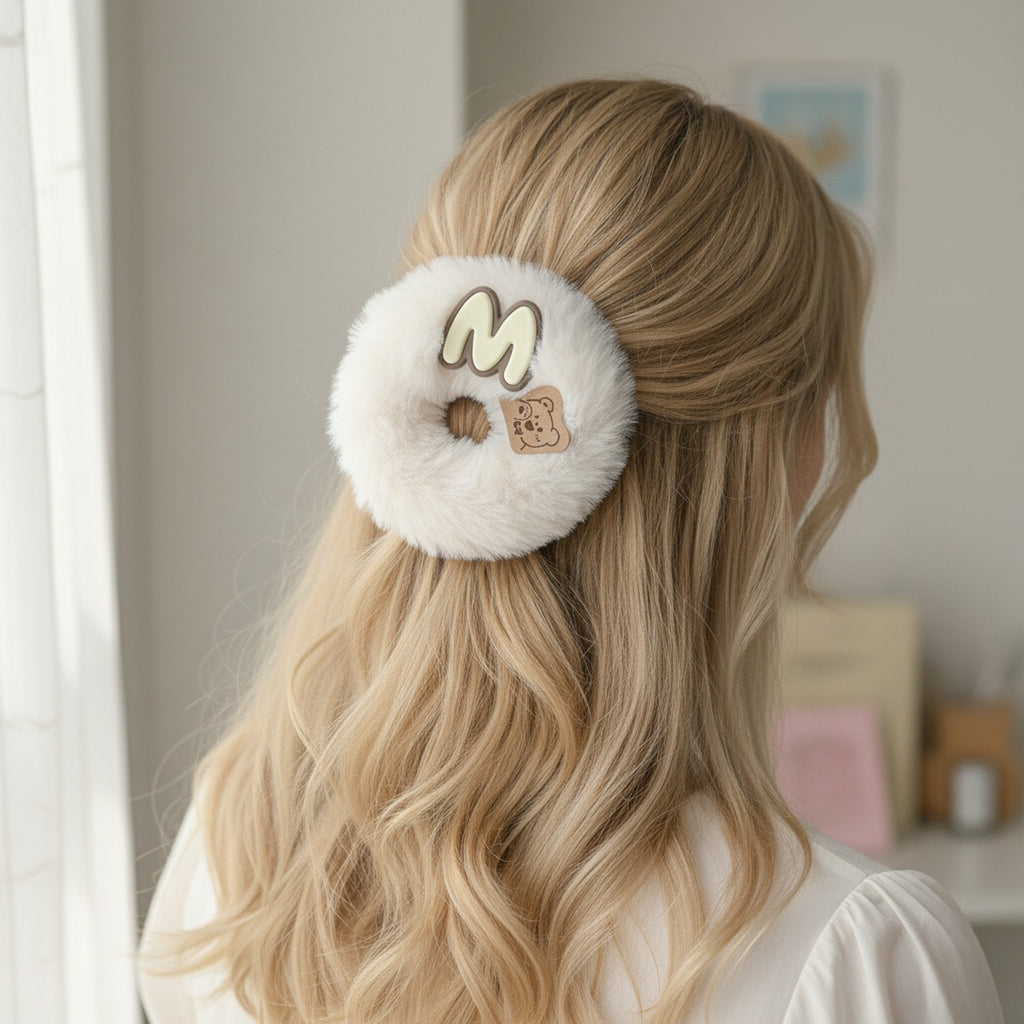 Fluffy White Hair Tie With Bear Charm