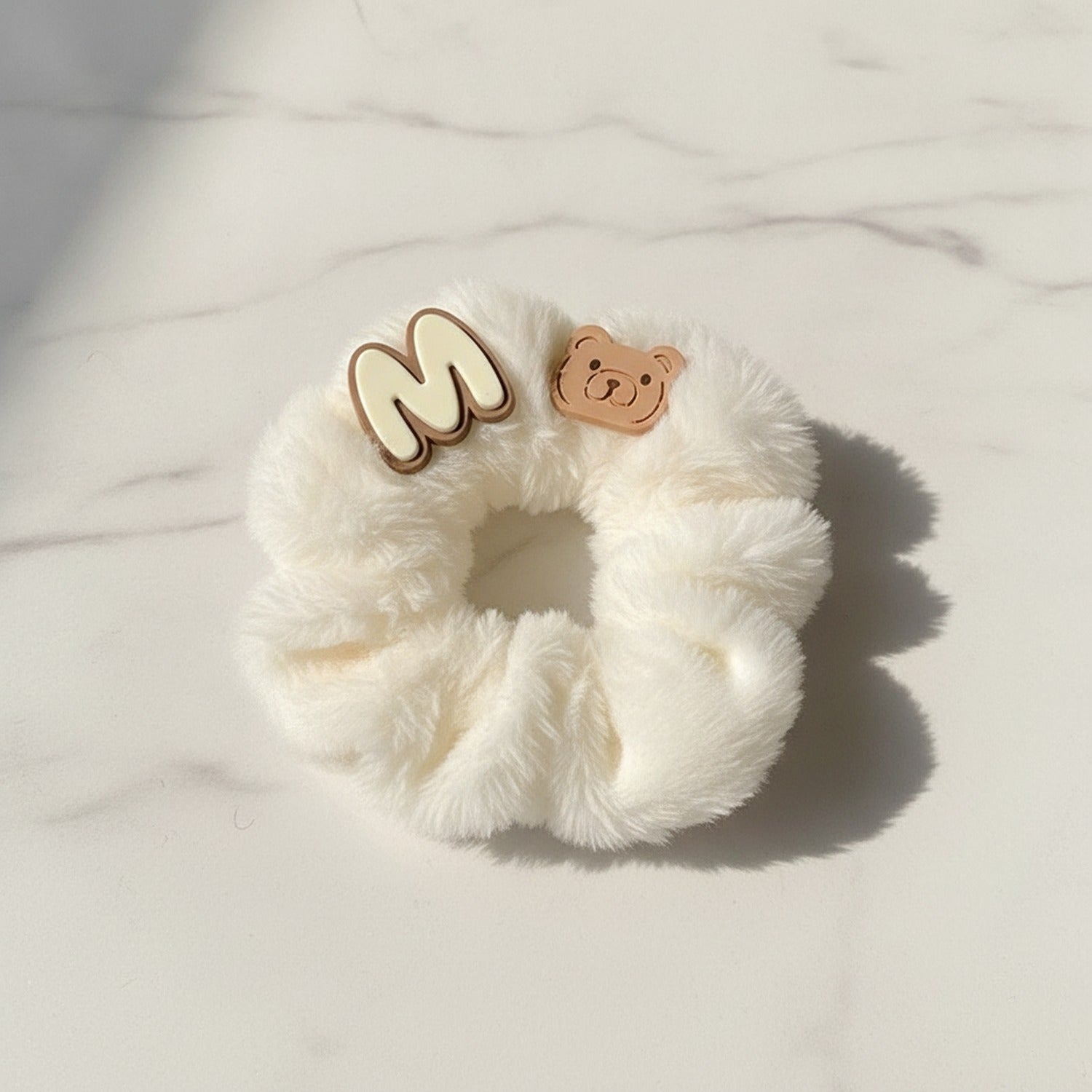 Fluffy White Hair Tie With Bear Charm