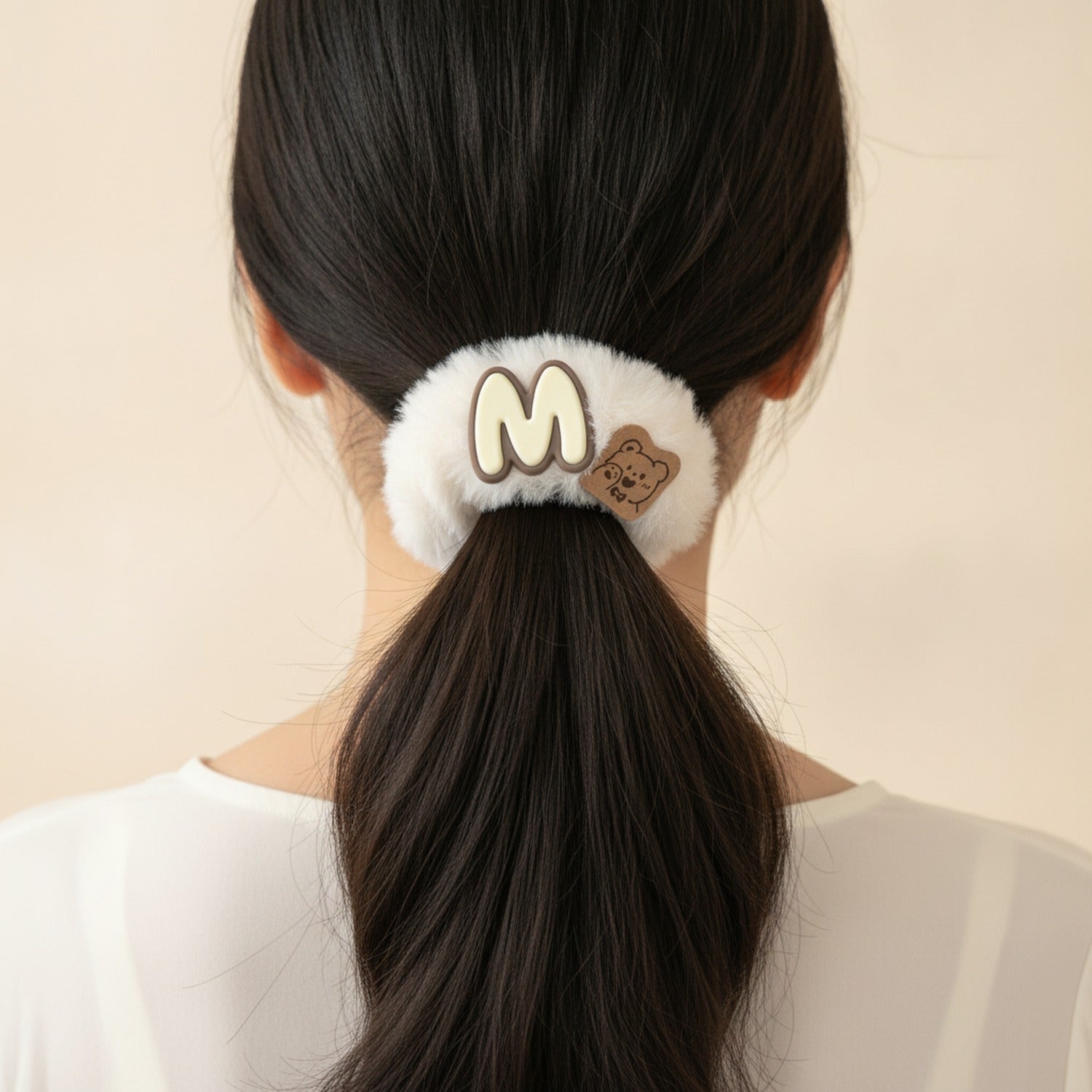 Fluffy White Hair Tie With Bear Charm