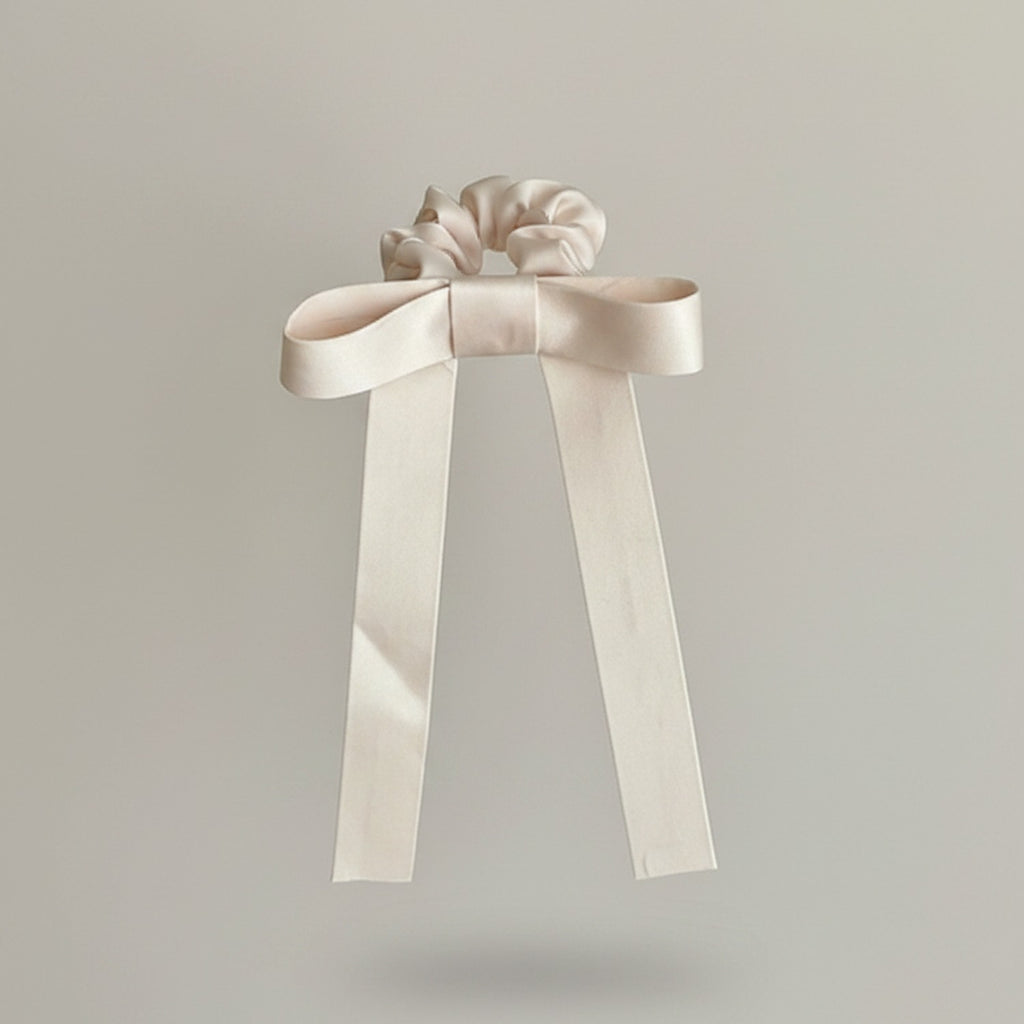 Cream Satin Bow Hair Scrunchie with Ribbon Tails