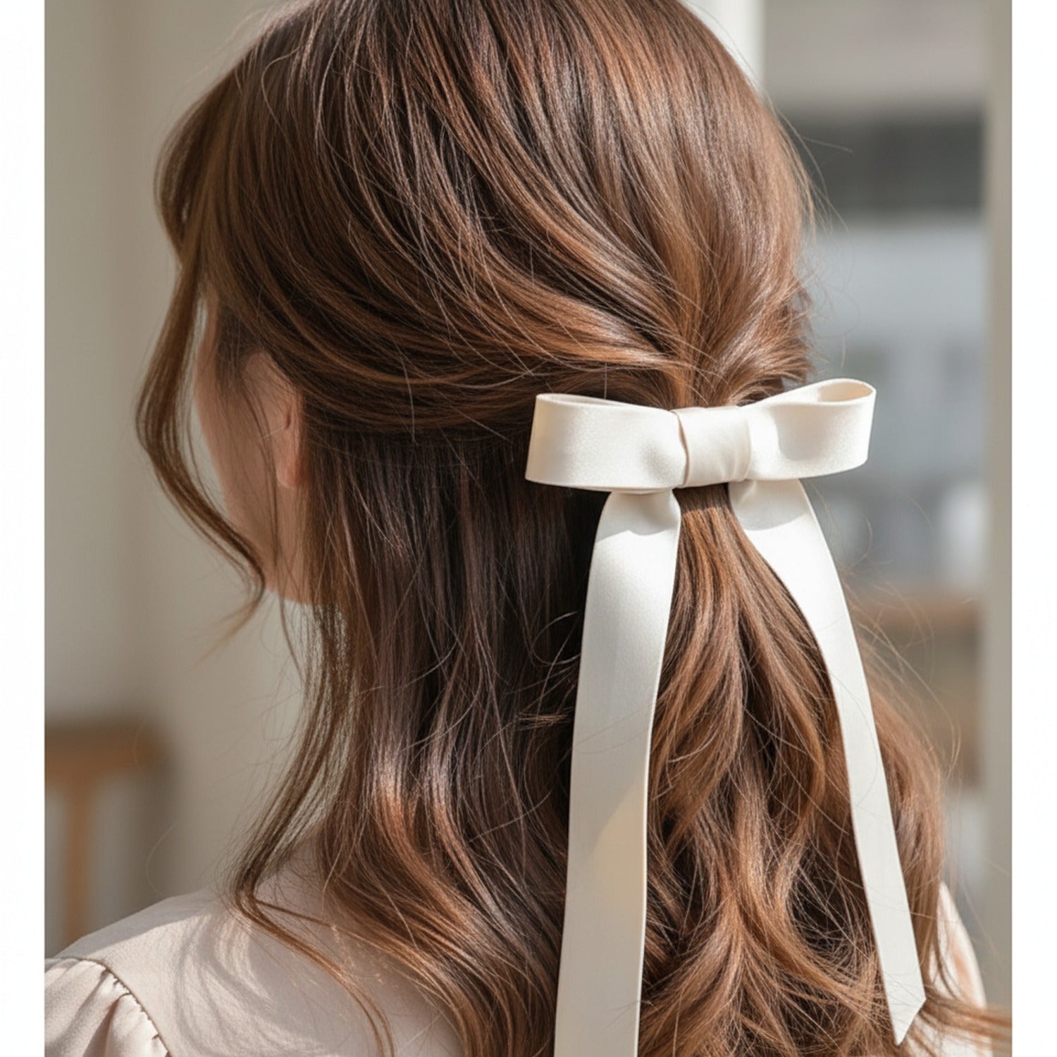 Cream Satin Bow Hair Scrunchie with Ribbon Tails