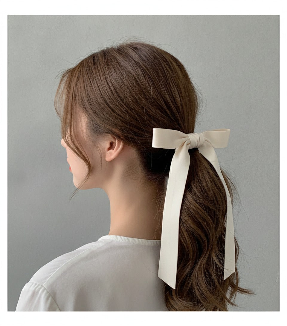 Cream Satin Bow Hair Scrunchie with Ribbon Tails – hair accessories (view 2)