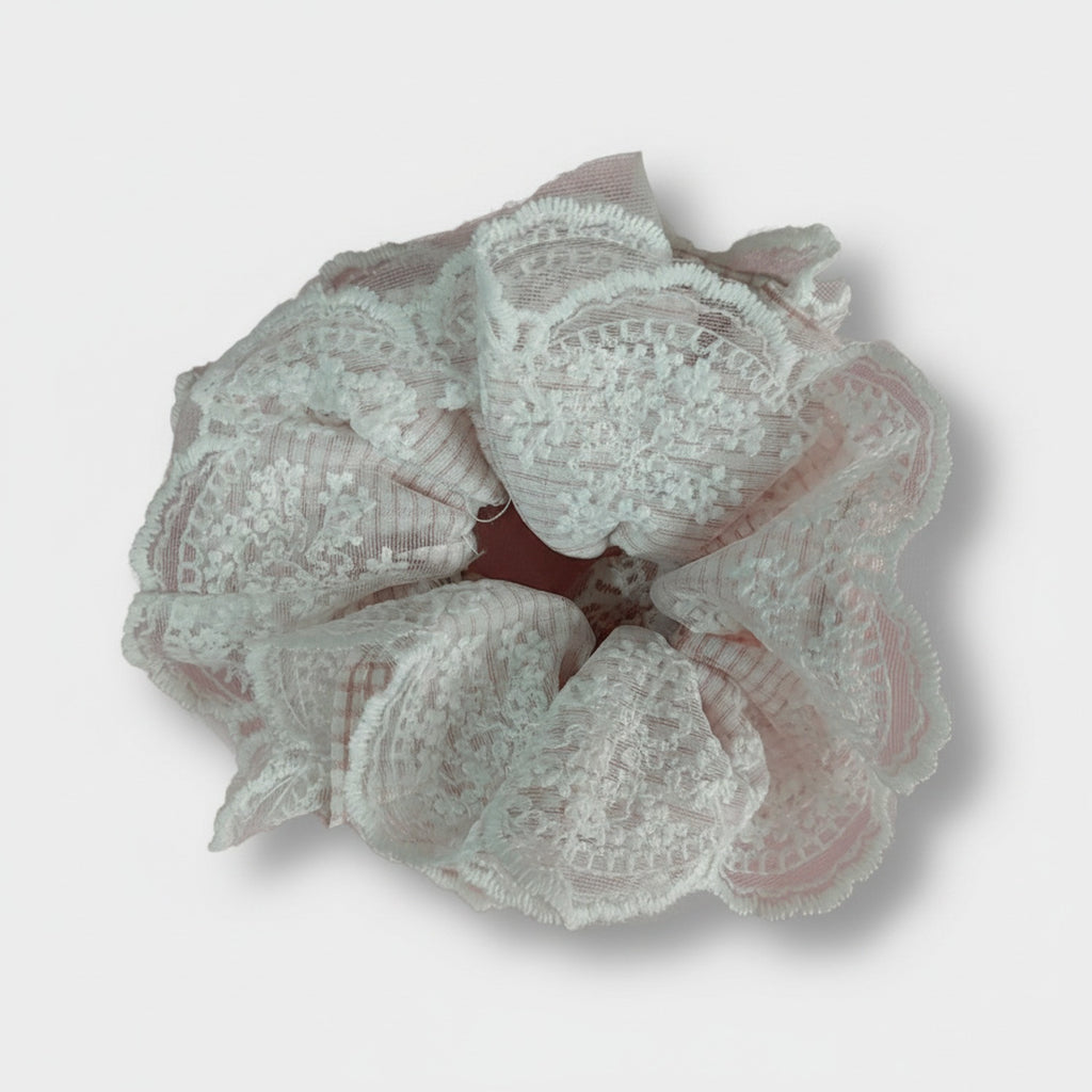 Lace Flower Hair Scrunchie Pink And White