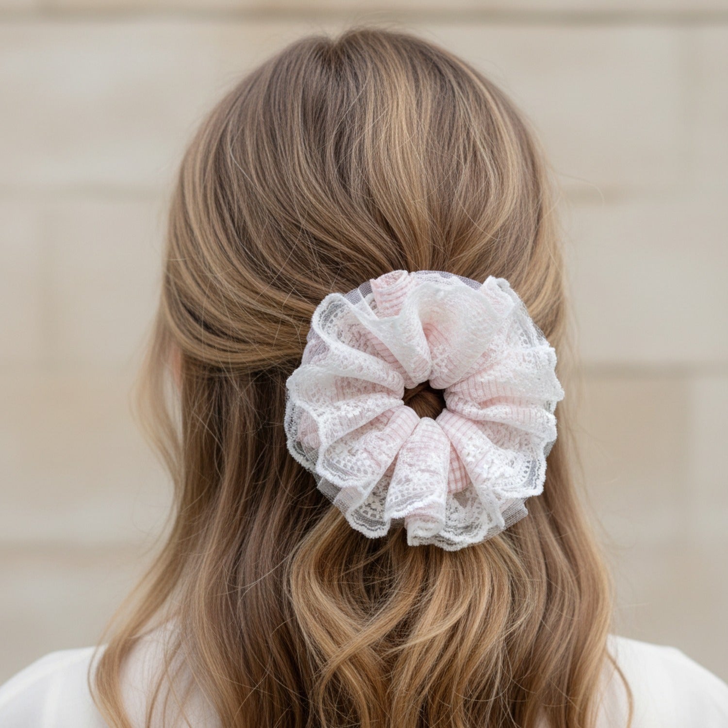 Lace Flower Hair Scrunchie Pink And White