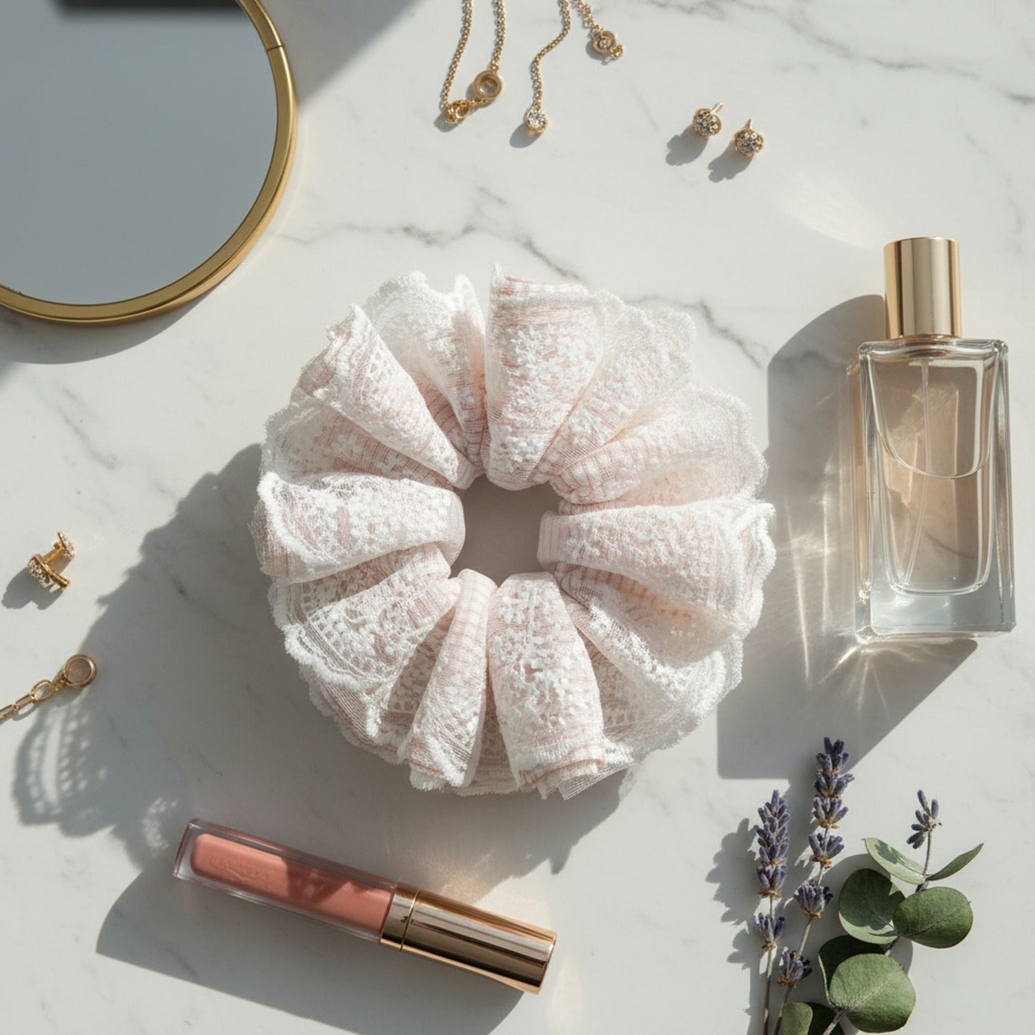 Lace Flower Hair Scrunchie Pink And White