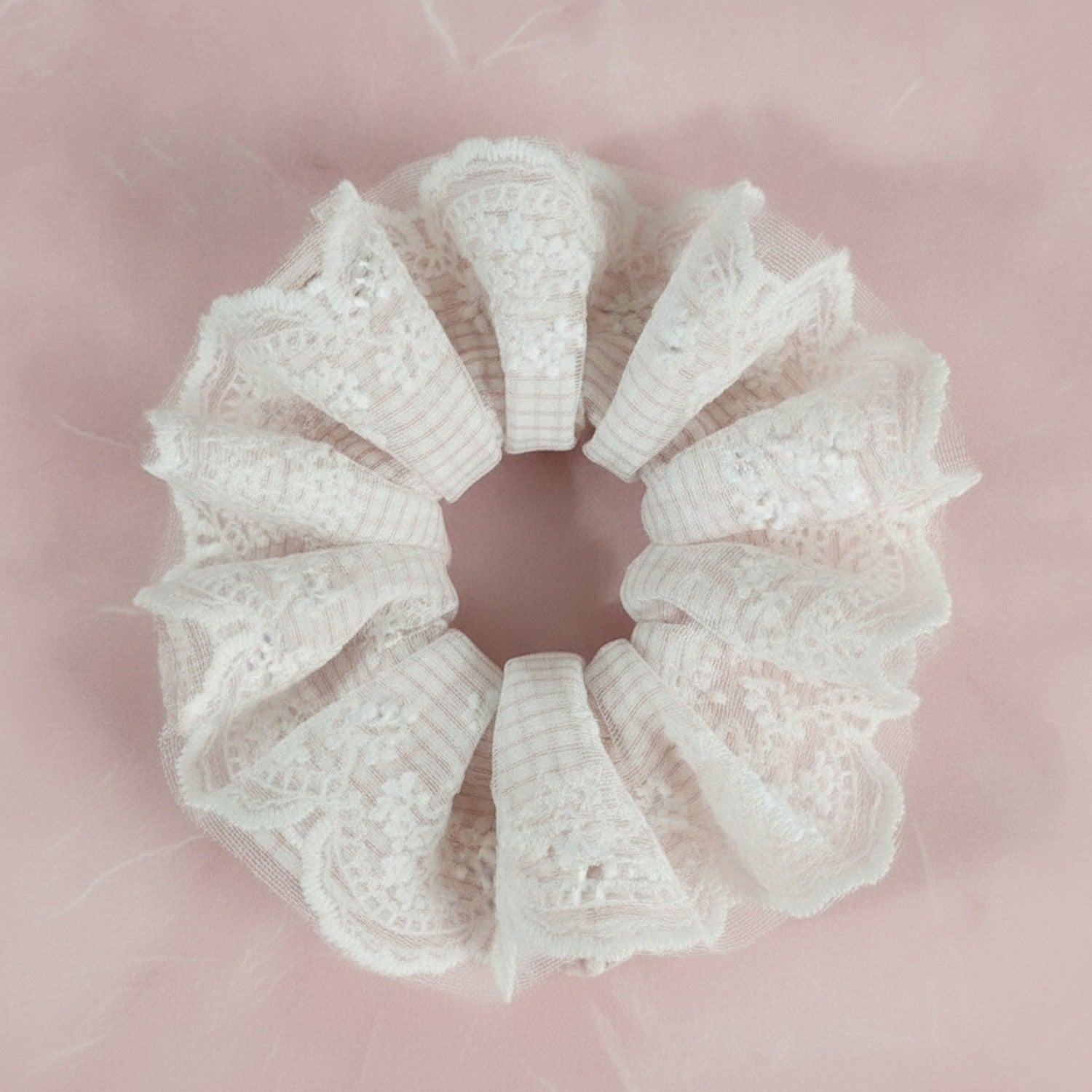 Lace Flower Hair Scrunchie Pink And White