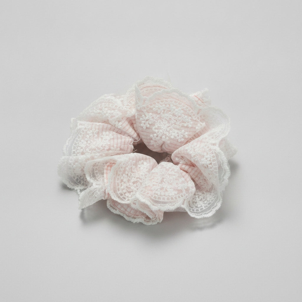 Lace Flower Hair Scrunchie Pink And White – hair accessories (view 1)
