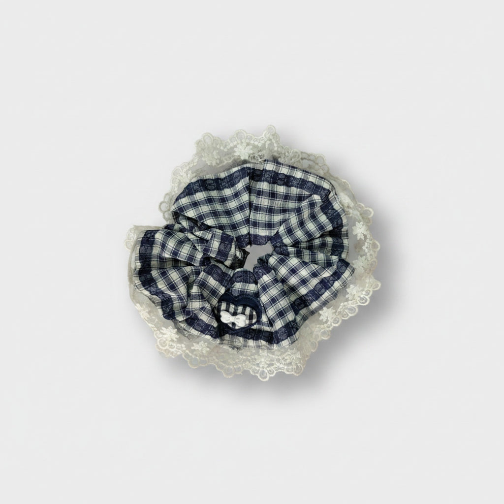 Plaid Scrunchie With Cream Lace Trim