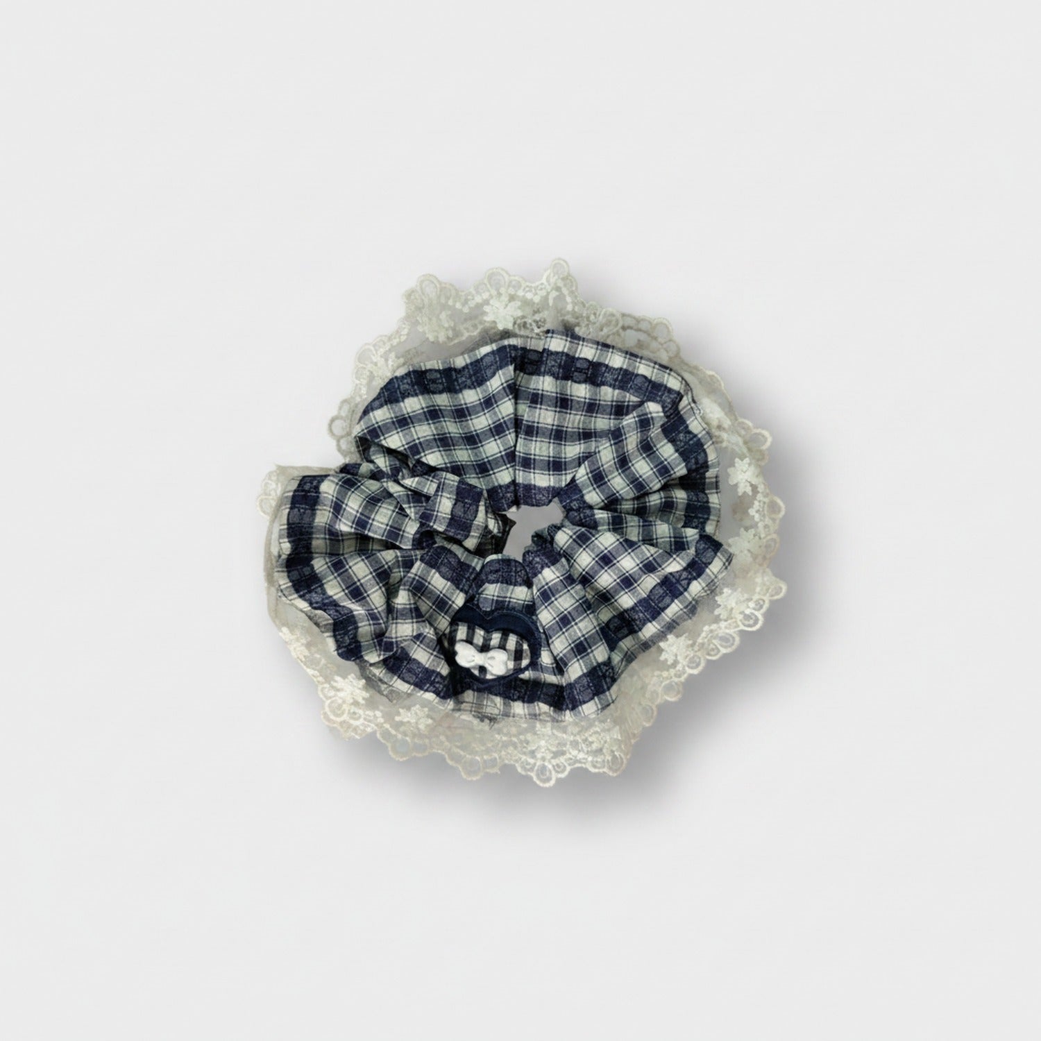 Plaid Scrunchie With Cream Lace Trim